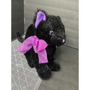 Kellytoy Black Cat Plush Halloween Purple Bow 10" Stuffed Animal Toy